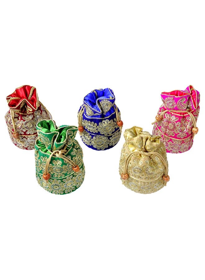 DUCHESS! Handicraft Item Beautiful Multi Coloured Potli Bag (RED, BLUE, PINK, GREEN,GOLD) (000672BG) SET OF 5 POTLI